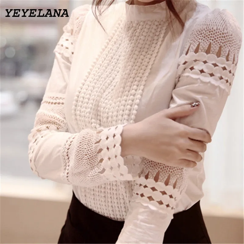 YEYELANA Women Blouses 2017 Spring Summer Long Sleeve Shirt Women White Lace Blouse Camisas Femininas Woman Tops Clothes A002