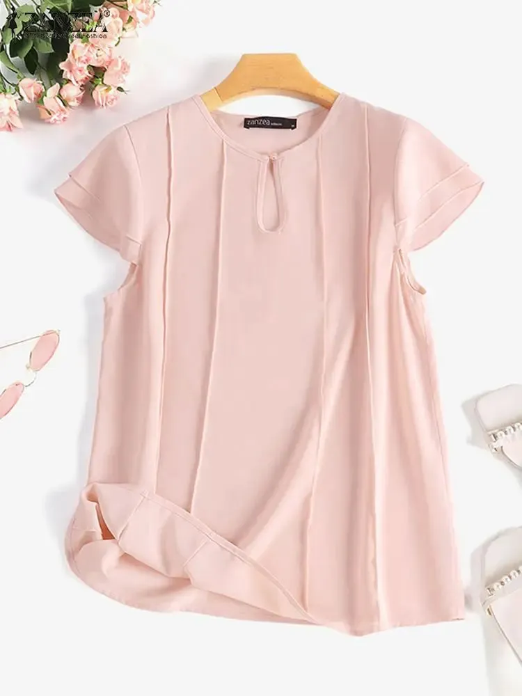 ZANZEA Elegant Women Summer Short Sleeve Shirt Casual Solid Party Holiday Tops Tunic Female OL Work Blouse Office Blusas Chemise