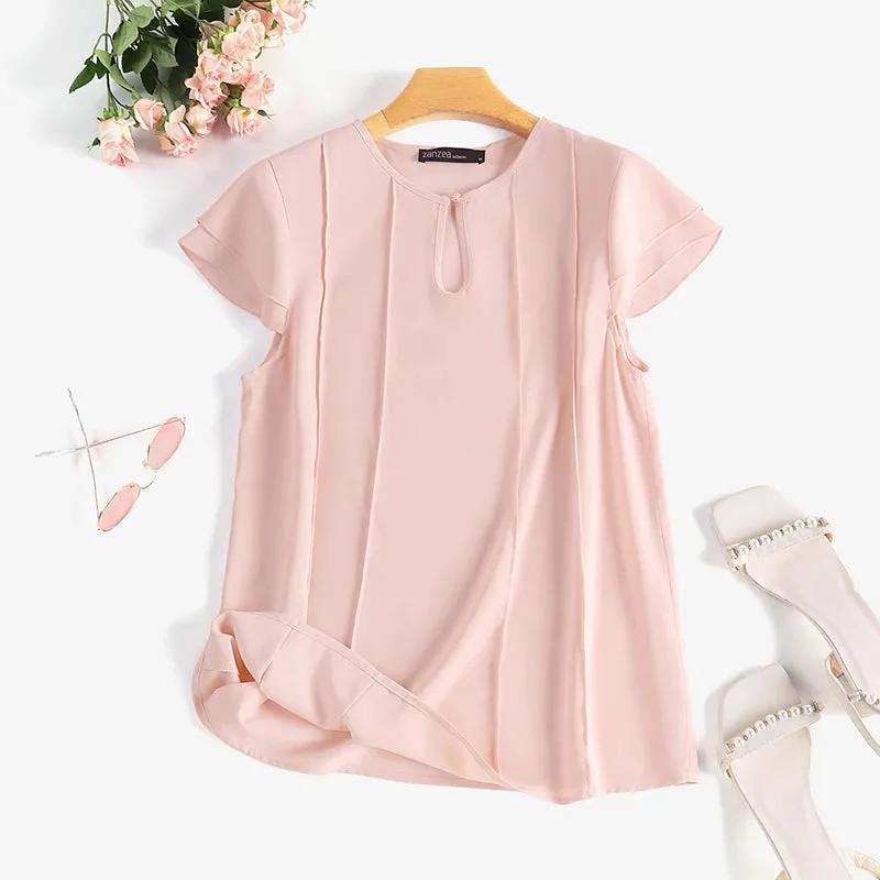 ZANZEA Elegant Women Summer Short Sleeve Shirt Casual Solid Party Holiday Tops Tunic Female OL Work Blouse Office Blusas Chemise